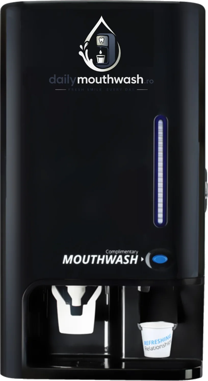 Dozator de apă de gură dailymouthwash.ro, vedere frontală, cu pahare și duză de dozare