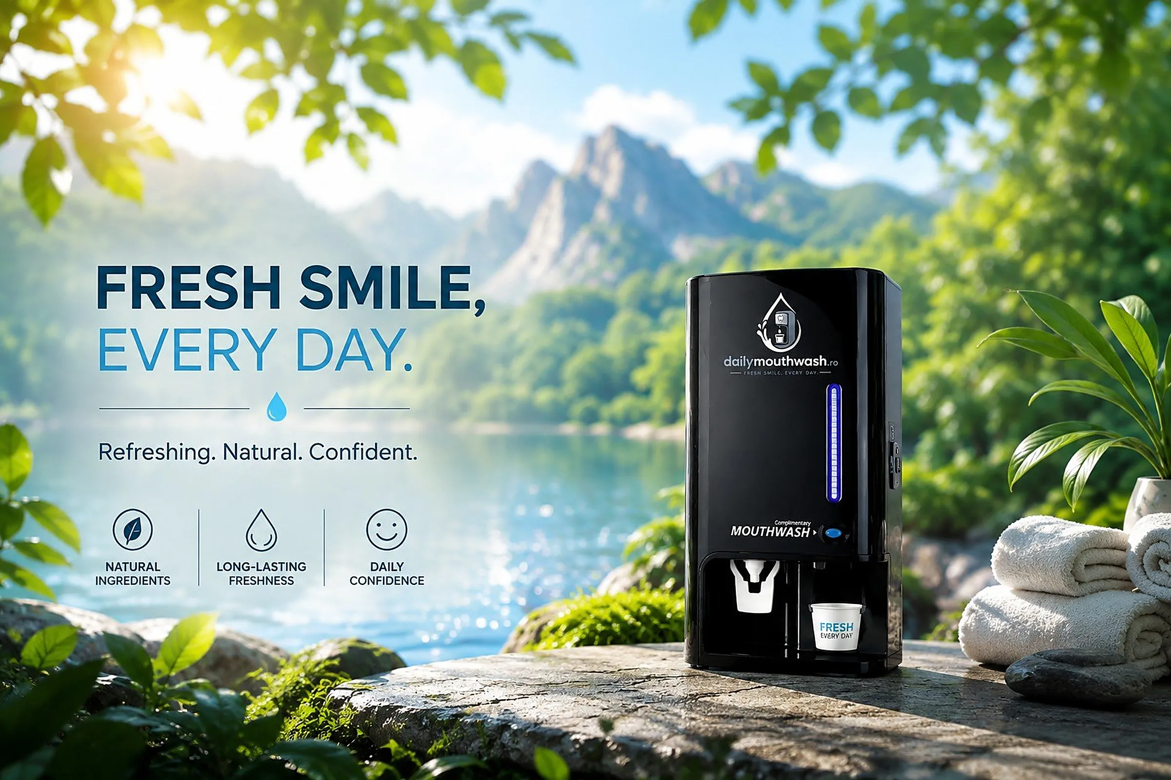 Dozator dailymouthwash.ro într-un decor natural, lângă un lac de munte